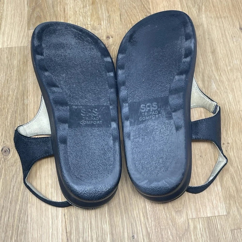 SAS Marina Sandals Womens 9.5 W Black Leather T-Strap Wide Cork Bed Thong Shoes‎